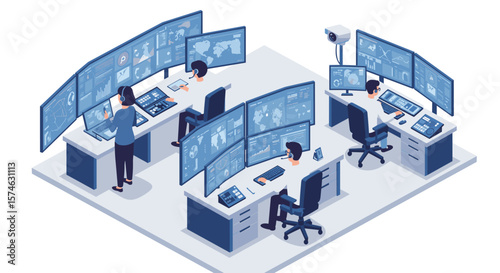 Modern control room with team monitoring multiple screens in isometric style