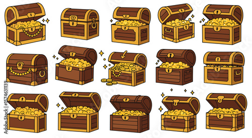 Treasure chest collection with gold coins in cartoon style