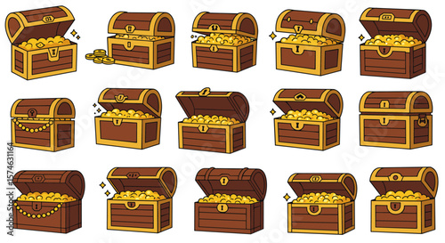 Set of cartoon treasure chests filled with gold coins and jewels