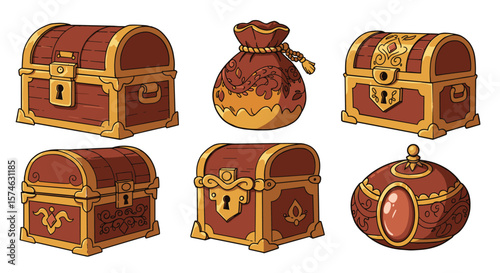 Set of vintage treasure chests and ornate bags with gold accents