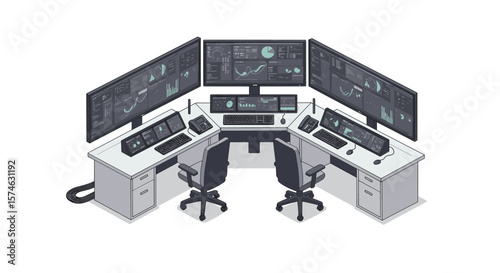 Control room setup with multiple monitors and modern workstations in isometric style