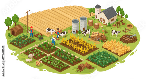 Isometric farming scene with agriculture and livestock elements in a rural setting