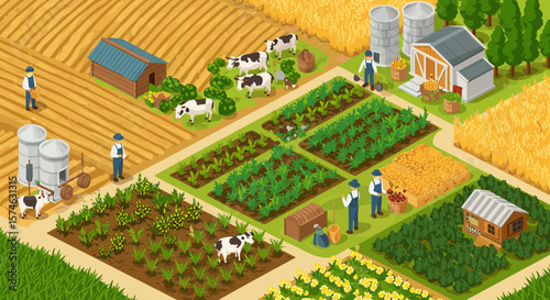 Isometric farm scene with crops, livestock, and barns in a vibrant rural setting