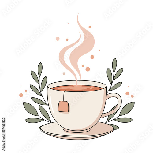 Cup of steaming tea with tea bag and green leaves in pastel colors  