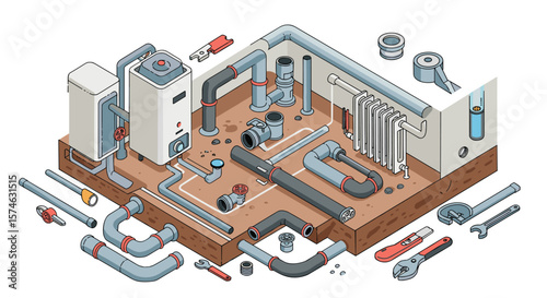 Isometric plumbing system design featuring pipes and tools on white background