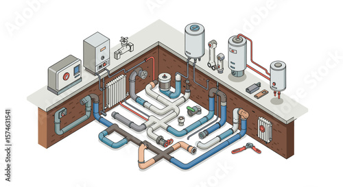 Isometric plumbing system diagram: modern heating and water management
