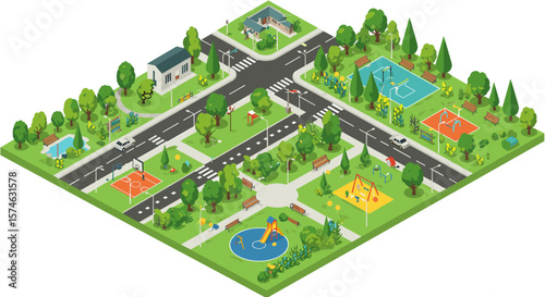 Isometric urban park design with playgrounds, sports courts, and green spaces