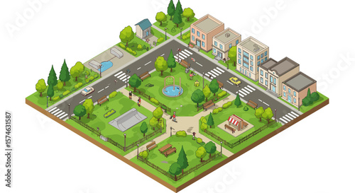 Isometric city park scene with buildings, playground, and lush greenery