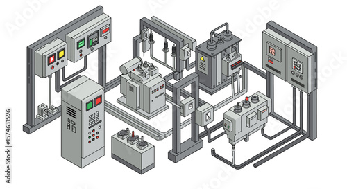 Industrial control panel system in isometric style