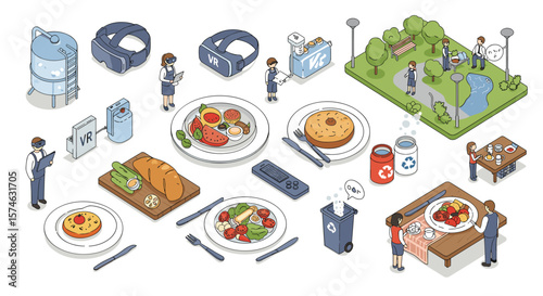 Isometric virtual reality and healthy lunch break concept in park setting
