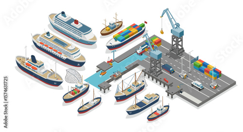 Isometric port scene with cargo ships and cranes
