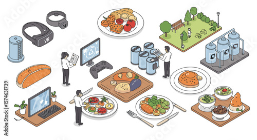 Modern lifestyle: vr, technology, gardening, and healthy foods in isometric design