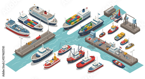 Isometric maritime transport scene with cargo and passenger ships in busy port