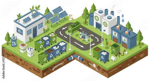 Eco-friendly waste management in an isometric industrial landscape with solar panels