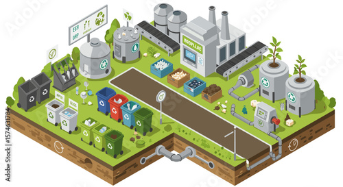 Isometric recycling center with waste management and sustainable energy elements