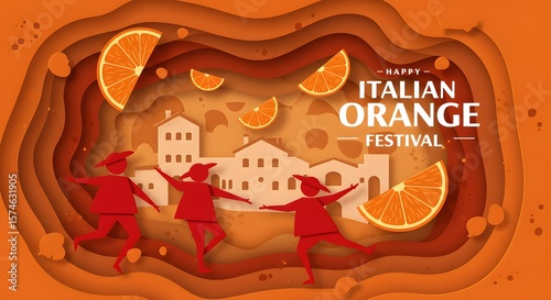 Colorful paper cut design of Italian Orange Festival celebration  