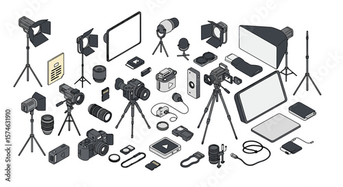 Comprehensive isometric set of photography and video equipment essentials