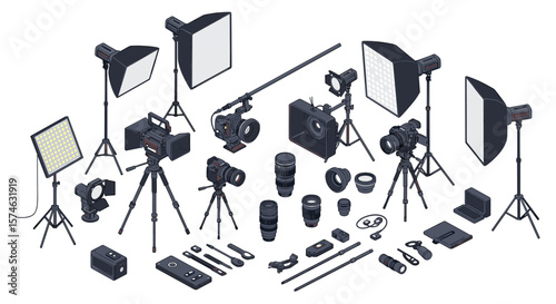 Professional photography equipment set with cameras, lenses, and lighting gear in isometric style
