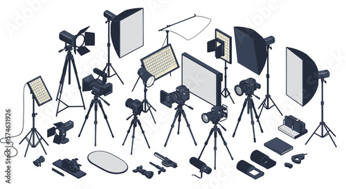Comprehensive collection of professional photography equipment in isometric design