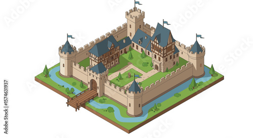 Medieval castle in isometric style with moat and towers