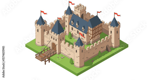 Medieval fortress with towers and flags in isometric view