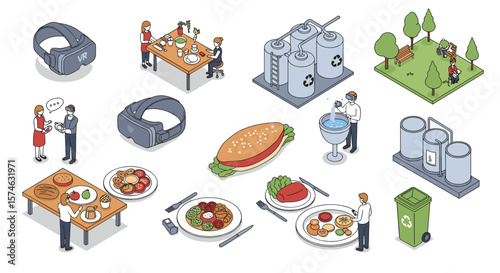 Isometric everyday life scenes: virtual reality, dining, recycling, and leisure activities