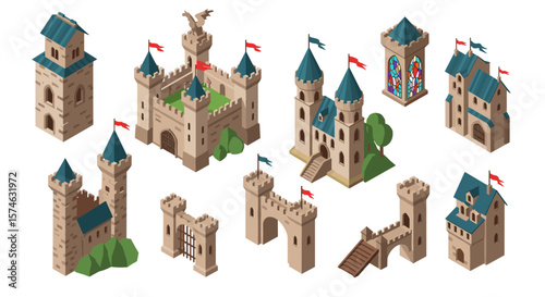 Medieval isometric castle elements with towers, walls, and stained glass windows