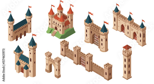 Medieval castle collection with isometric design and towers