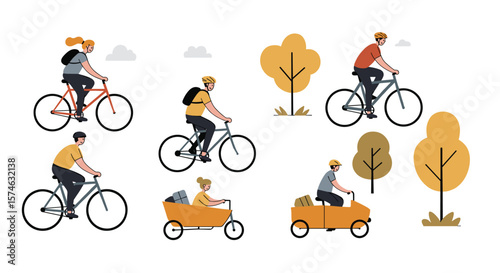 Flat design of people biking in autumn park with family and friends