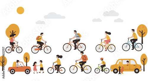 Autumn city cycling and walking scene with people and cars in flat style