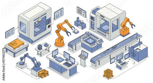 Advanced manufacturing concept with robotic automation and 3d printing in isometric style