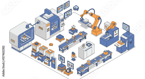 Isometric smart factory: automated robotics and conveyor systems in a modern industrial setting