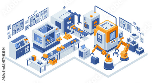 Modern isometric factory automation concept with robotics and conveyor systems