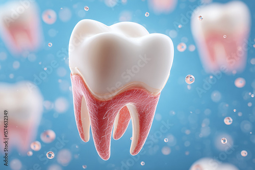 Tooth anatomy visualizes dental health concept. 3D render shows molars, roots, gums in blue background. Use for medical, educational, marketing, and design projects.