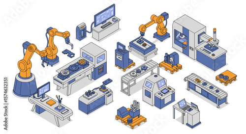 Isometric factory automation with robotics and machinery for modern manufacturing
