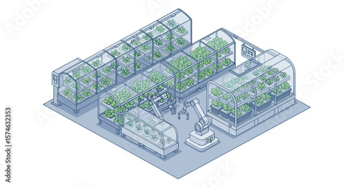Futuristic isometric indoor hydroponic farm with robotic automation