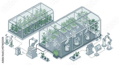 Futuristic greenhouse technology in isometric design: automated robotics and smart farming solutions