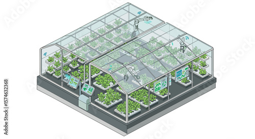 Futuristic isometric smart greenhouse with robotic farming technology and automated systems