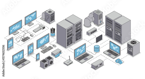 Isometric data center with network devices and electronics