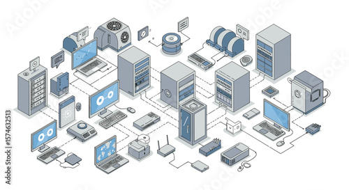Isometric data center network with servers and computers in a digital technology setup