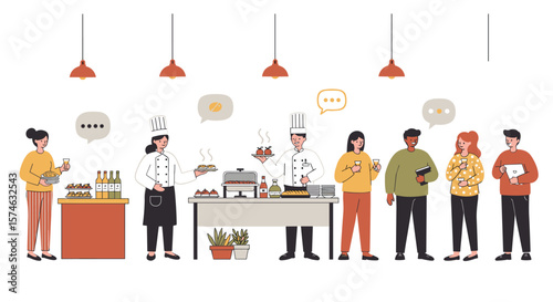 Culinary event with chefs and attendees in modern graphic style