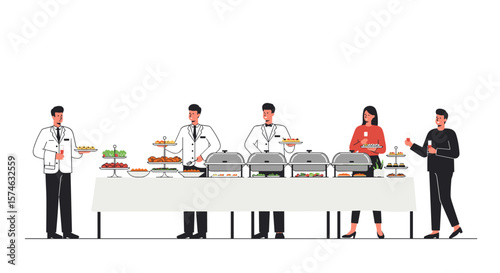 Catering buffet setup with waitstaff in flat design style