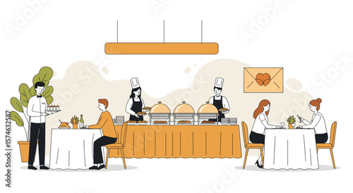 Buffet dining in modern restaurant with chefs and guests enjoying meals