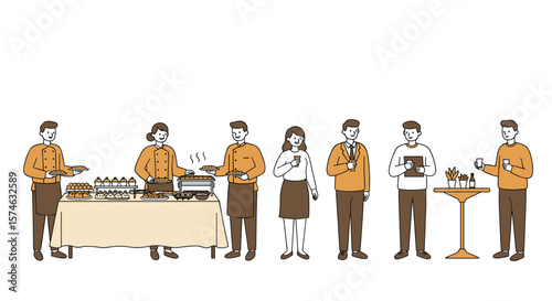 Business buffet event: colleagues enjoying food and networking