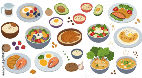 Diverse breakfast and lunch dishes with fresh ingredients in flat design