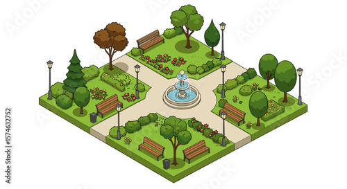 Charming isometric park design with benches and fountain in classic style