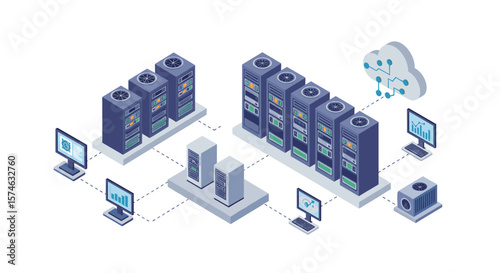 Isometric data center with networked servers and cloud computing elements
