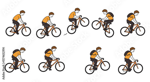 Cyclist performing stunts: sequence of cycling tricks in cartoon style