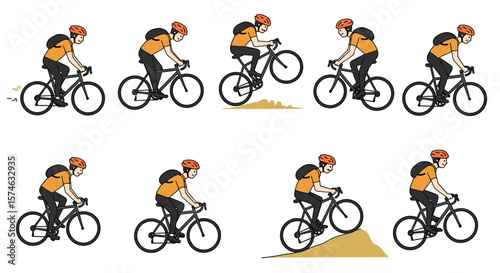 Cyclist performing mountain biking tricks in sequential cartoon frames