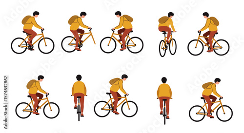 Set of cyclist characters in flat design from various angles